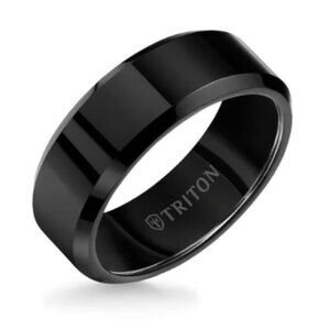 8MM Black Tungsten Carbide Ring - Bright Finish and Bevel Edge